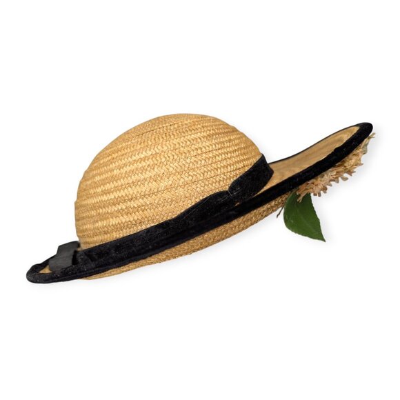 Vintage MGM Elizabeth Taylor Original Child Straw & Floral Hat Black Velvet Trim - Picture 5 of 13